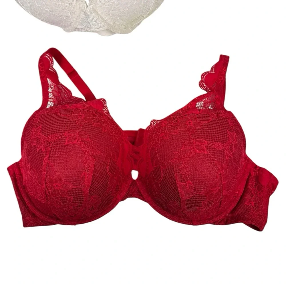 Torrid Curve 2 XO Plunge Push-Up Bra 44D White Red Lace Underwire Crisscross 351